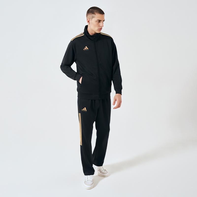 adidas Striped Color Block Logo Stand Collar Long Sleeve Straight Leg Pants Casual Sports Suit Unisex Suit Black Gold TR90JT-BG+TR90PT-BG