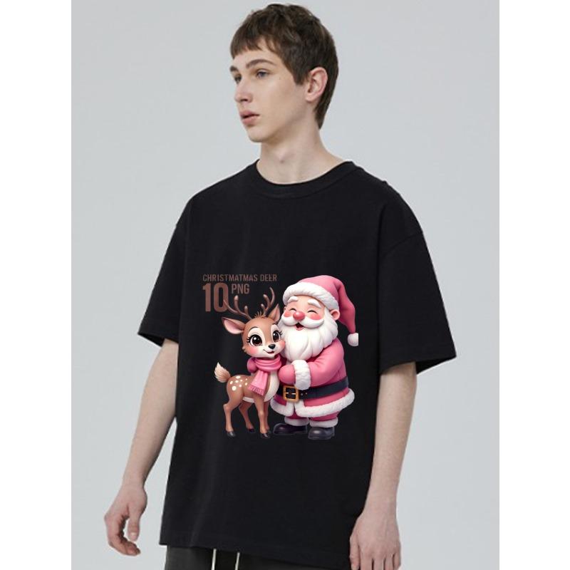 Christmas T Shirt Black Santa Claus and Deer Cartoon Print for Holiday Season