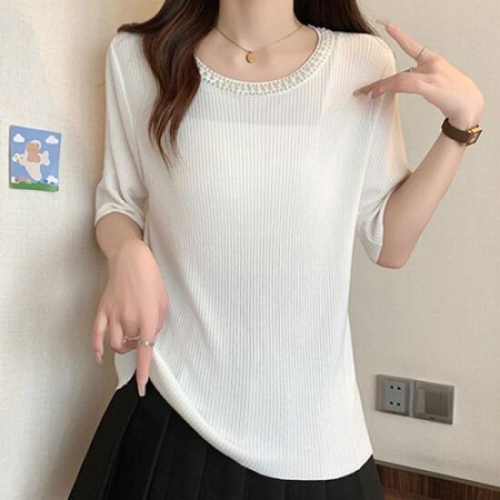 Navava Women S Thin Pearl Knit Round Neck Short Sleeve Nk2138