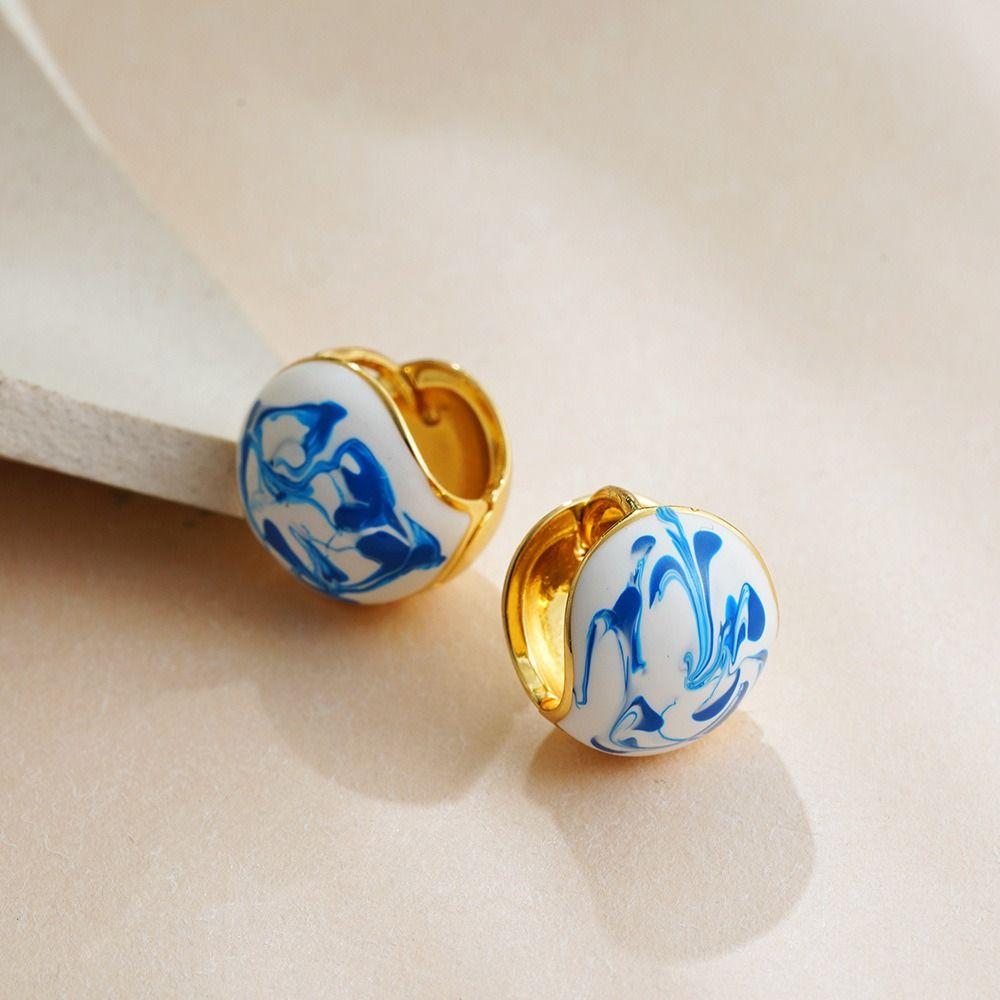 Zinc Zinc Alloy Ceramic Ear Buckle Jewelry Accessories Hoop Earrings Blue and White Porcelain Earrings  Women