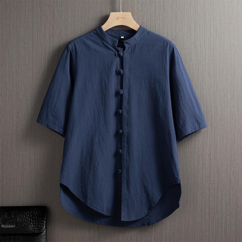 Chinese Style Cotton and Linen Short-sleeved Shirt Men's Summer Retro Stand-up Collar Buckle Half-sleeved Shirt Loose Casual Shirt