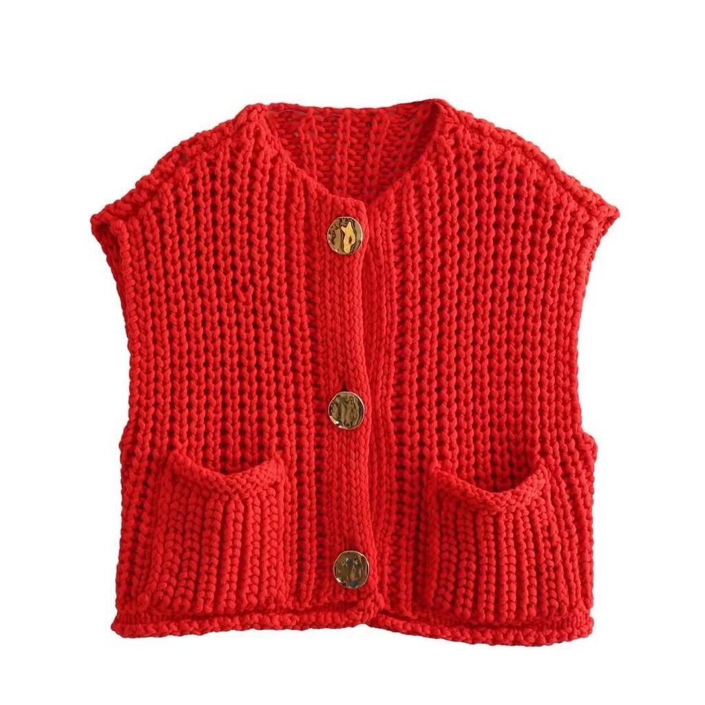New Solid Color Large Pocket Sleeveless Knitted Short Cardigan Vest with Three Buttons, Vest for Women 3611 KTB