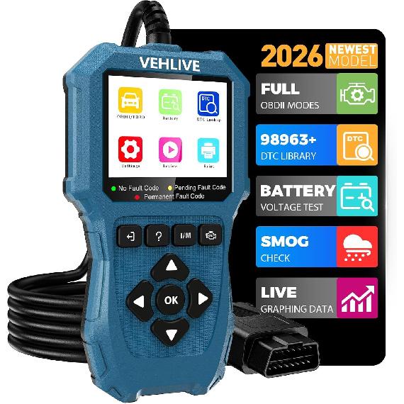 OBD2 Scanner Diagnostic Tool, Check Engine Light Car Code Reader with Reset, Battery Tester, Live Data, Freeze Frame, I/M Readiness, Car Scanner
