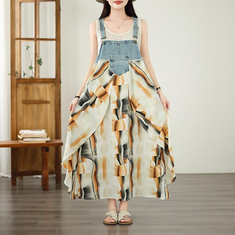 

DIMANAF 2026 Plus Size Summer Women Chiffon Dress Denim Elegant Lady Sundress Floral Long Dress Casual Sleeveless Lace Cotton 3XL