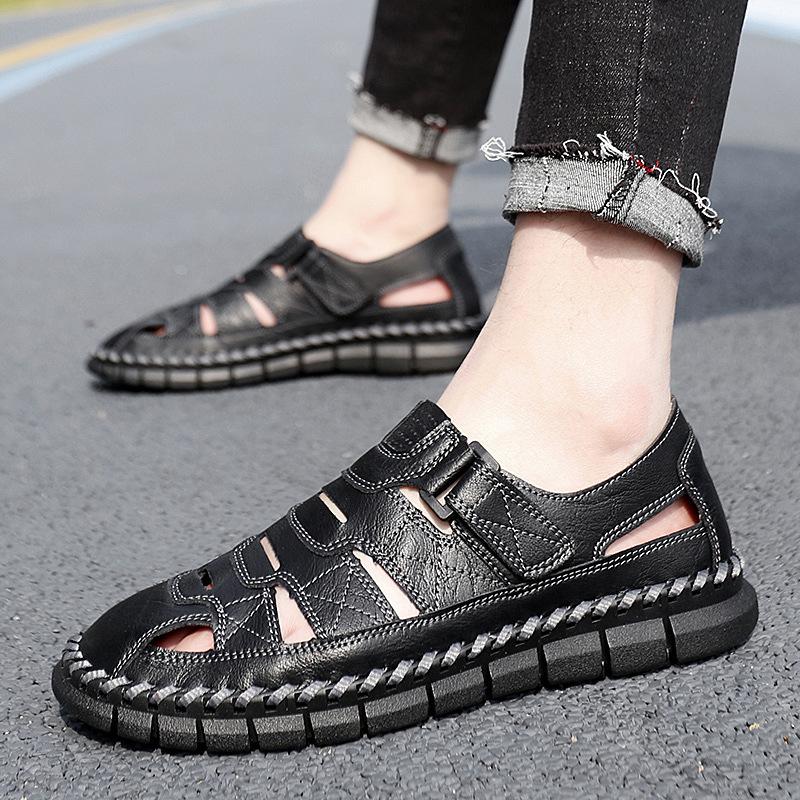 

Высококачественные летние сандалии Baotou из кожи, дышащая подошва из говяжьих сухожилий, мягкая подошва, повседневная нескользящая пляжная обувь 38 чёрный