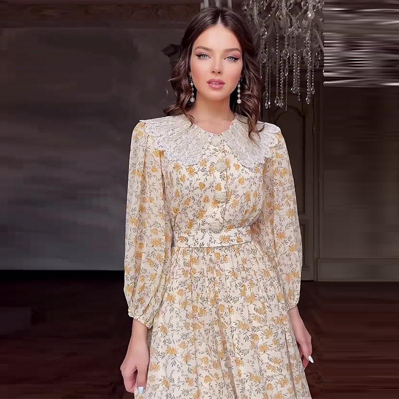 2024 European & American Color Block Patchwork Peter Pan Collar Dress for Women