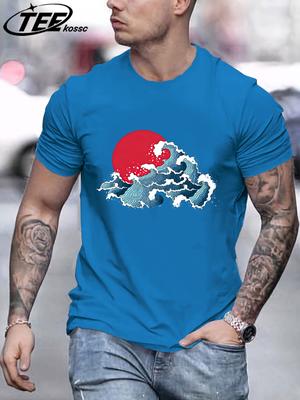 Japanese Sunset Waves T Shirt For Men Summer Casual Retro Clothes Cotton Trendy Soft TShirt Unisex ONeck AllMatch Loose Top