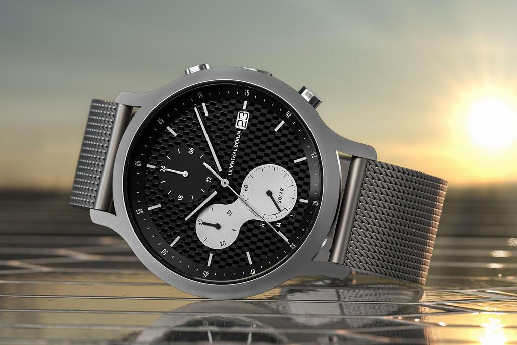 Lilianthal Berlin Solar Chronograph Watch with Date Limited Made in Silver Men's Display, Edition, Germany, C01-LE-SLR-3-B023A,