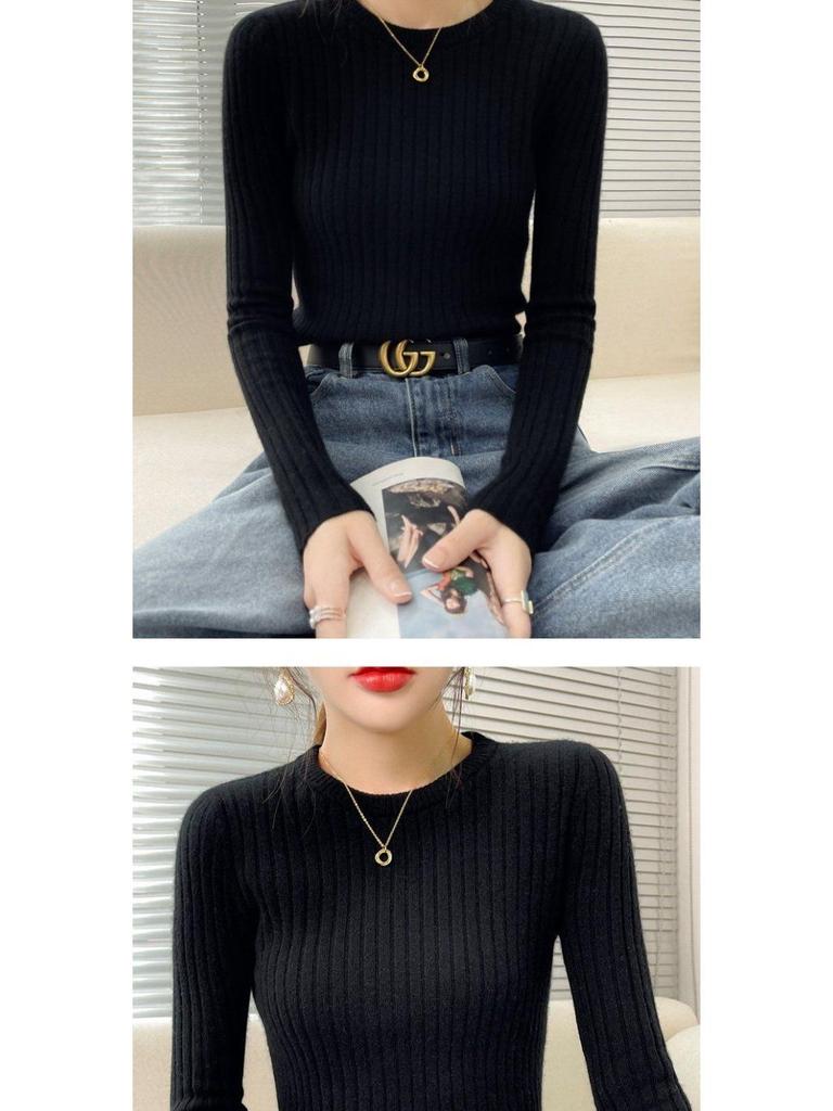 Women's Slim Fit Round Neck Knitted Sweater - Autumn/Winter Fashion, Long Sleeve, High-Quality Inner Layer Top.