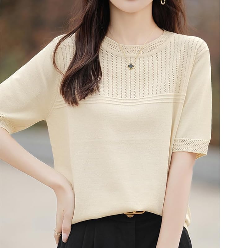 [Bidason] knit ladies sweater short sleeve summer knit Openwork knitting ventilation comfortable cool High elasticity stress free Plain color simple