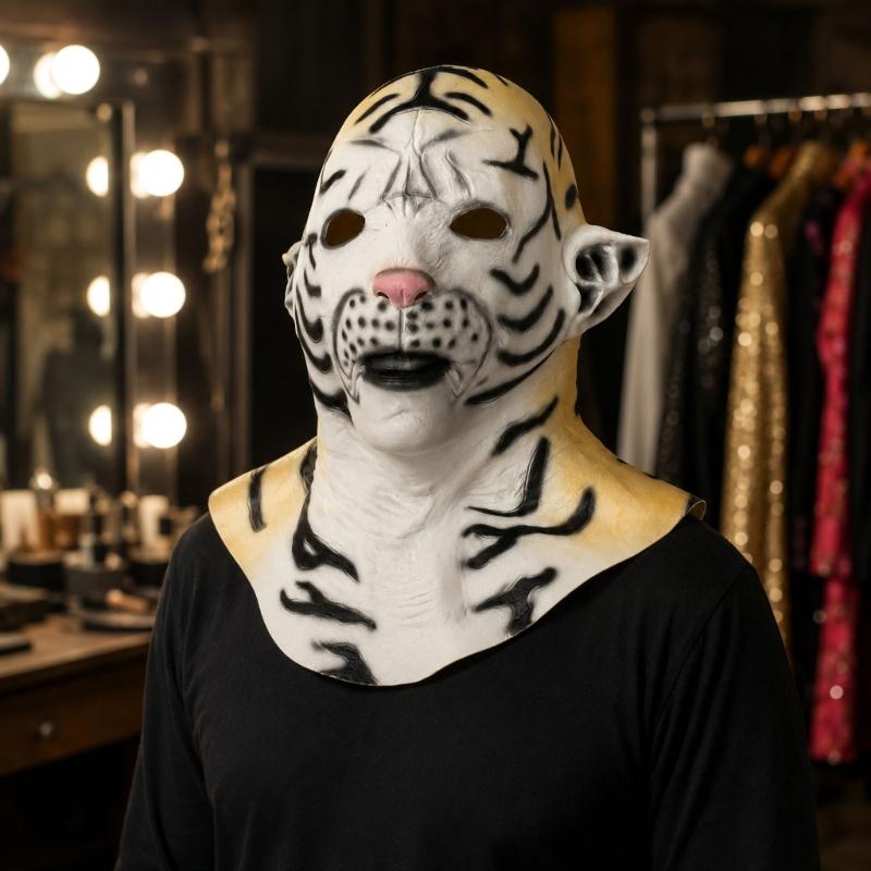Vollkopf-Latex-Kostümmaske mit gestreiftem Tiergesicht, Nackenabdeckung, Augenöffnungen und offenem Mund für Mottoparty-Outfits und Fotoautomaten
