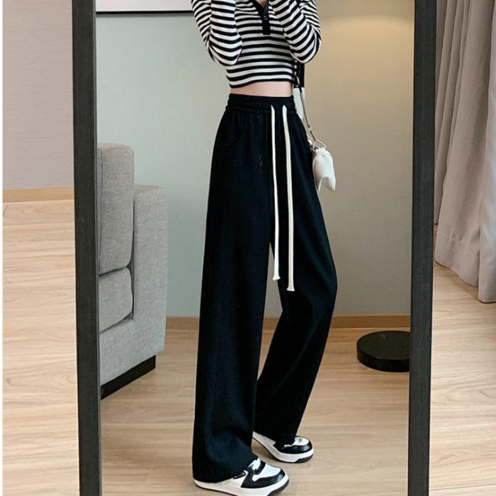 Women's High Waist Wide Leg Pants Loose Fit Straight Sweatpants Drawstring Solid Color Summer American Casual Banana Trousers