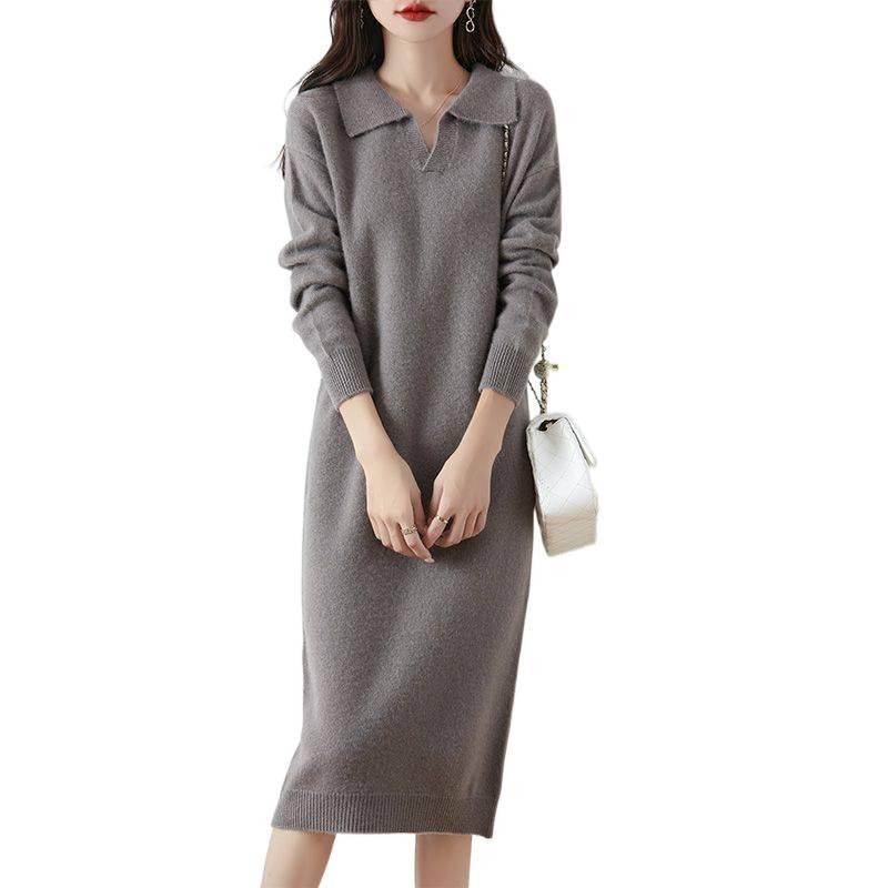 Women's Thickened Wool Polo Neck Long Dress - Autumn/Winter Loose Knit Base Layer 