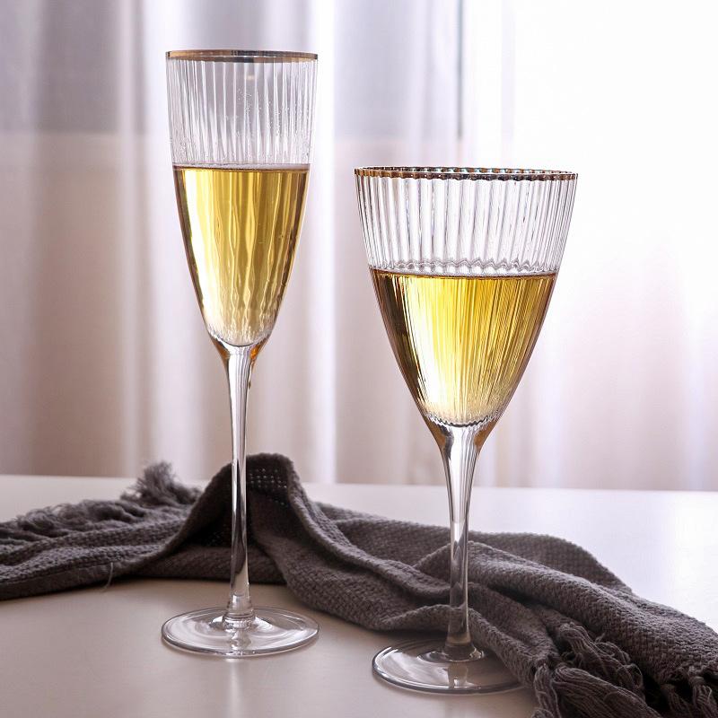 Nordic Vertical Stripe Gold Rim Champagne Glass High Stem Wine Glass Home Red Wine And Cocktail Glass