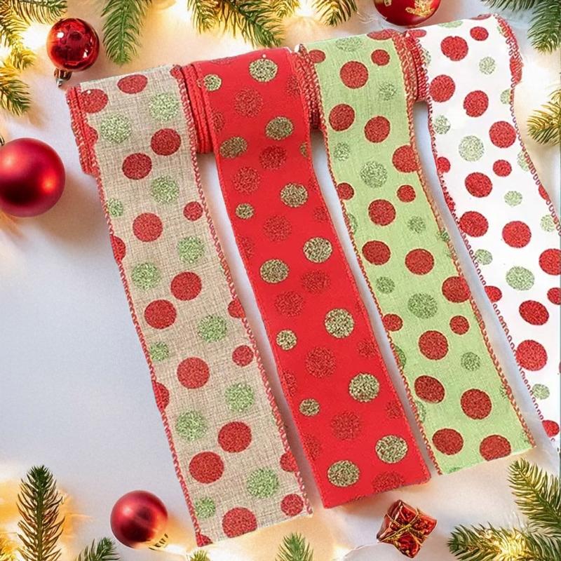 5Yards Round Dot Burlap Ribbon With Wire Edges For Christmas Tree Decorations Crafts Gift Wrapping