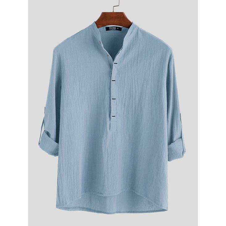 Мужская повседневная свободная однотонная рубашка мужская однобортная рубашка с отложным — фото 7