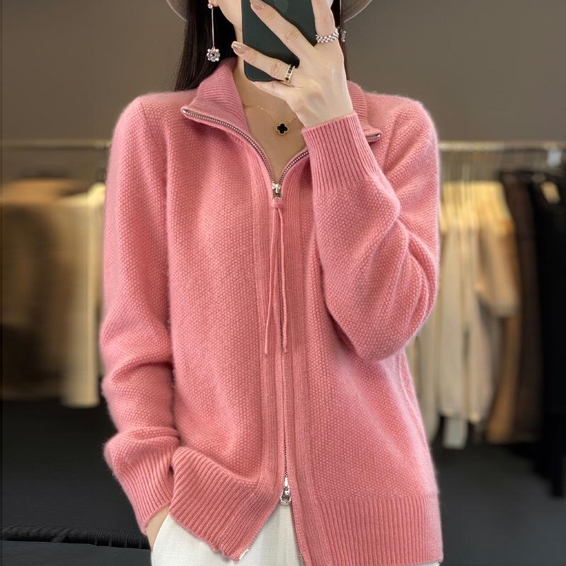 Women's Wool Double Zipper High Collar Cardigan - Long Sleeve, Loose Fit, Solid Color.