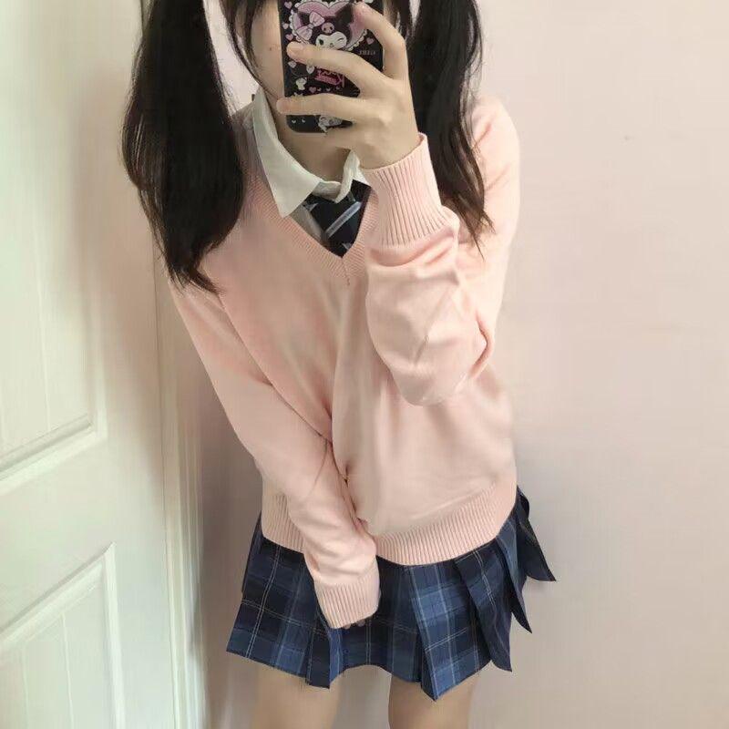 

Женский свитер премиум-класса однотонный с V-образным вырезом: Японский трикотажный пуловер в стиле колледжа на осень/зиму One Size