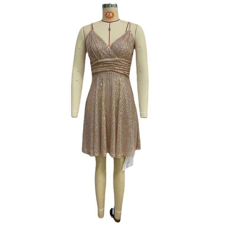 Women's Summer Sequin Ruched Cross Halter Resort Dresses