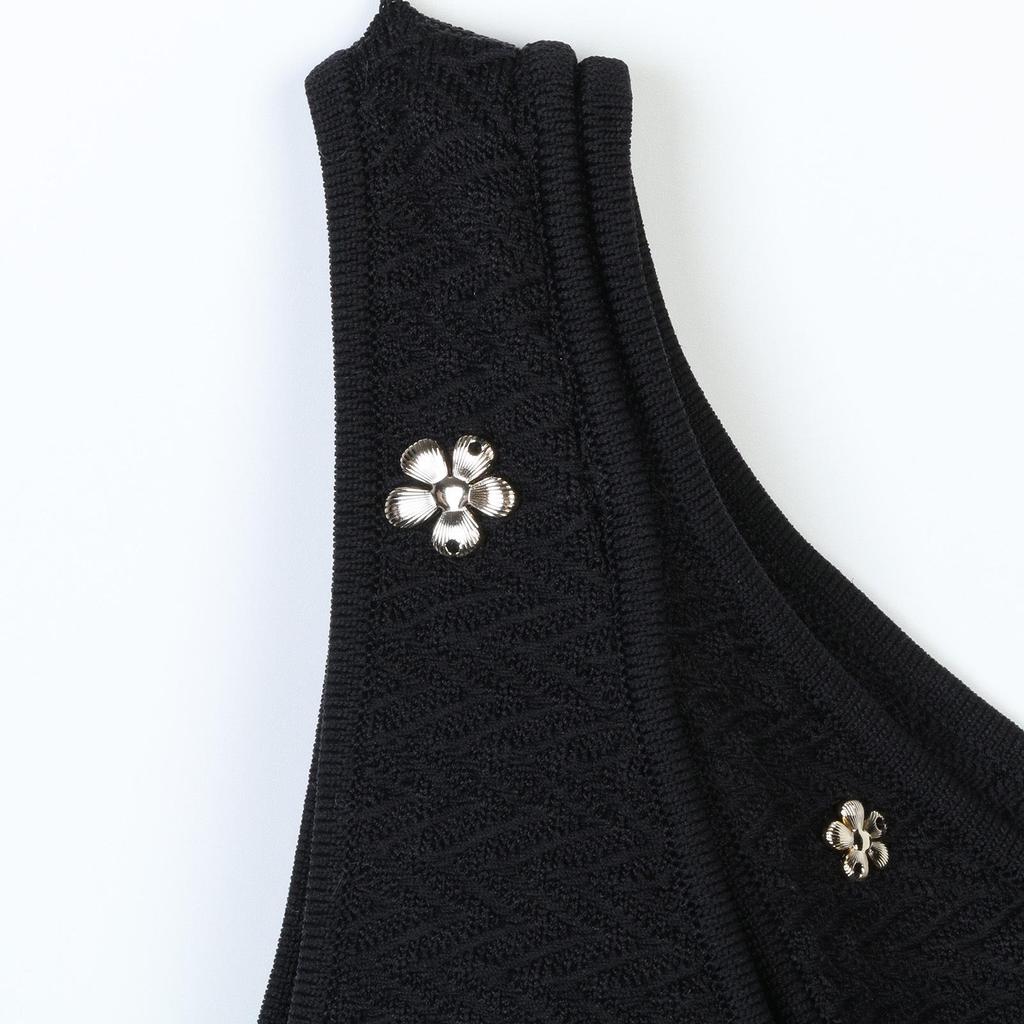 S Family Spring/Summer Sequin Buckle One-Shoulder Knitted Camisole & Black Midi Skirt Set for Women