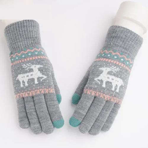 Thickened Plus Velvet Touch Screen Gloves Female Winter Korean Version Knitted Printing Gloves Split Finger Wool Gloves