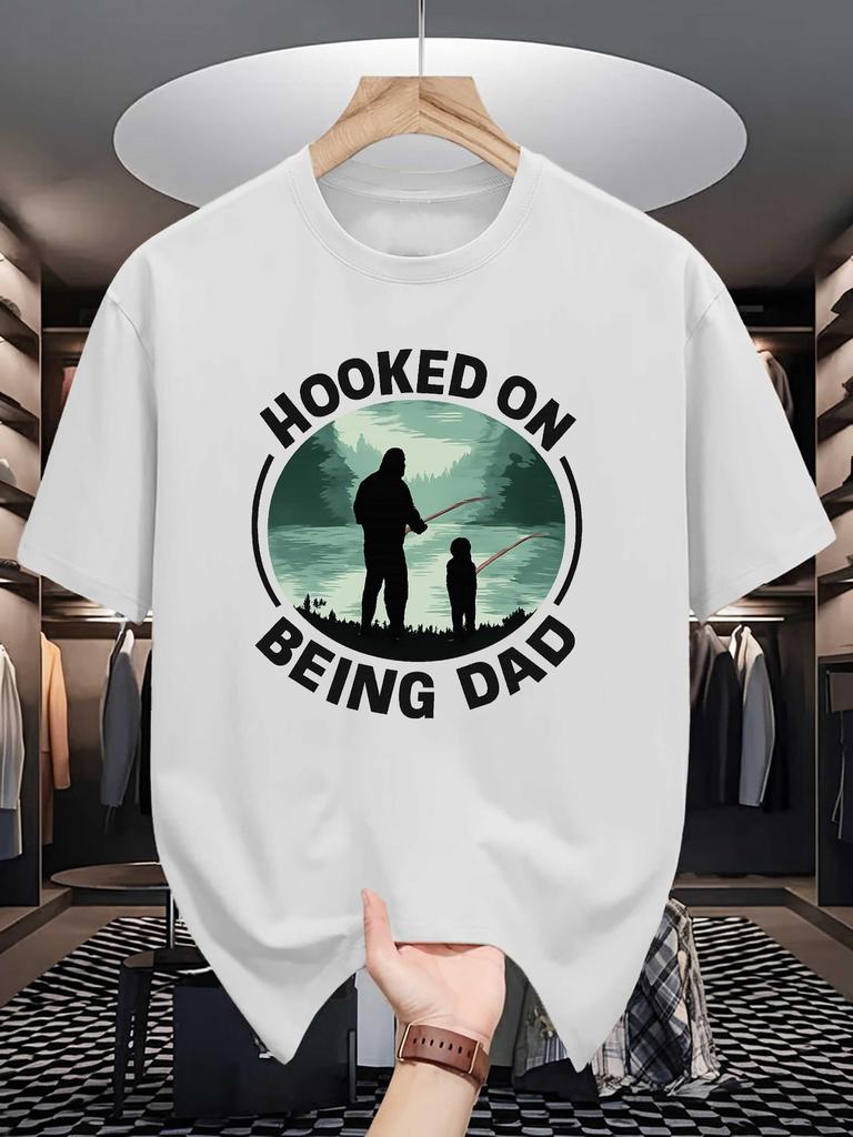 Unisexs Crew Neck T Shirt Hooked On Being Dad Fishing Silhouette Graphic Short Sleeve Casual Cotton Outdoor FisherUnisex Street Tees