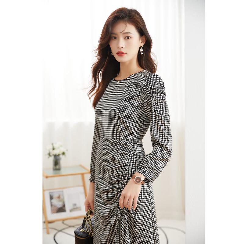 

Iveni Women s Autumn Houndstooth Round Neck Midi Long Sleeve Dress S