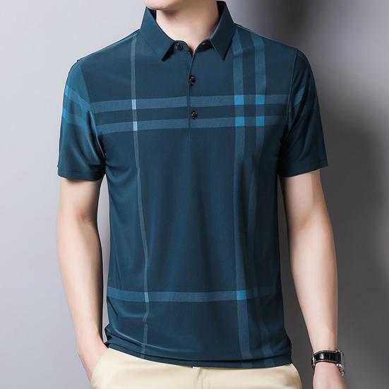 Camicia da uomo a righe a maniche corte con colletto alla coreana e fantasia dritta, T-shirt formale, Abbigliamento quotidiano