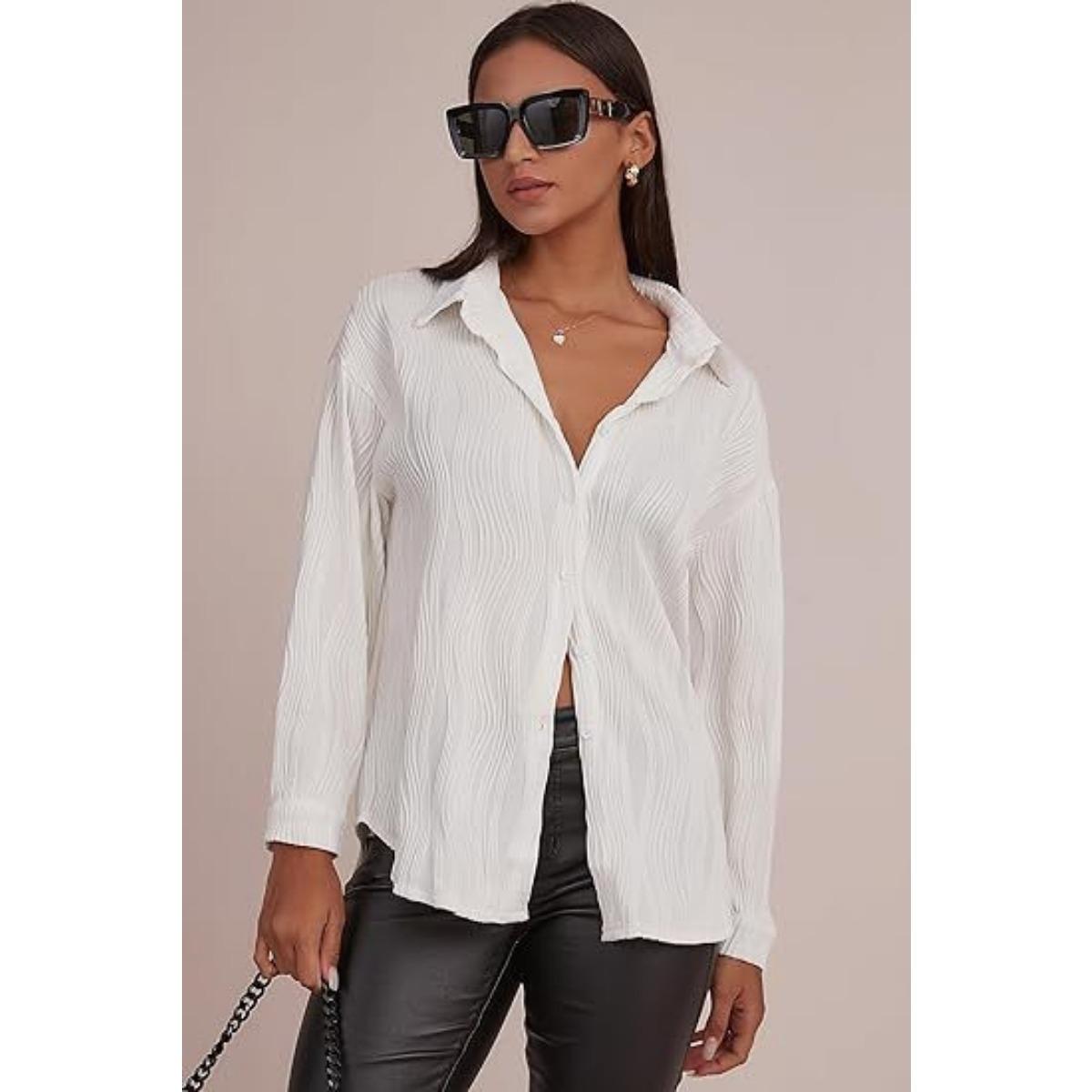 Women s Textured Button Down Long Sleeve Shirt Casual Work Office Blouse Top S белый