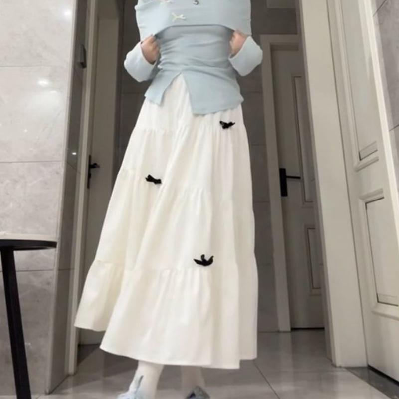 Women's White High-Waist A-Line Umbrella Skirt with 3D Bow - Tiered Cake Design for Spring/Autumn - Slim-Fit Elegant Style