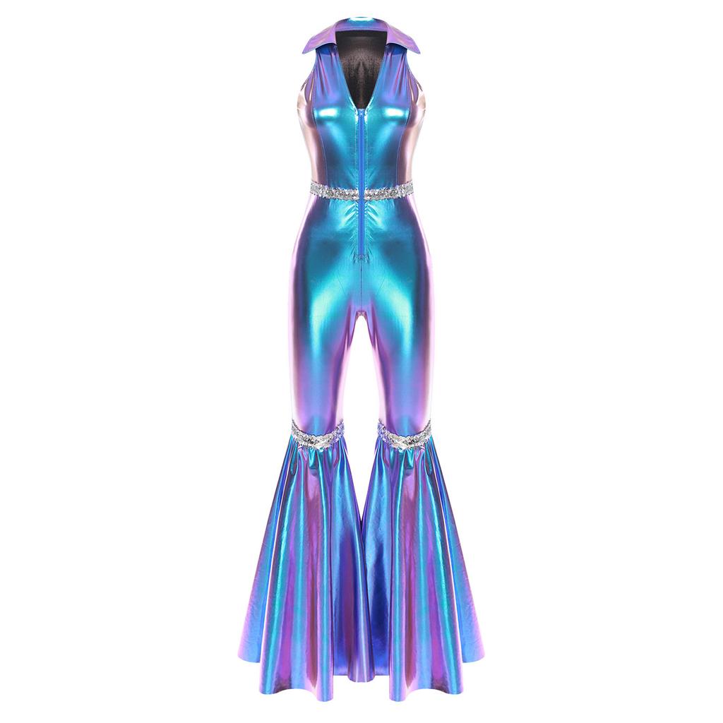 Dámský Retro Disco Kombinéza Límec V výstřih Bez rukávů Design s flitry Zvonové Kalhoty Přední zip Kombinéza