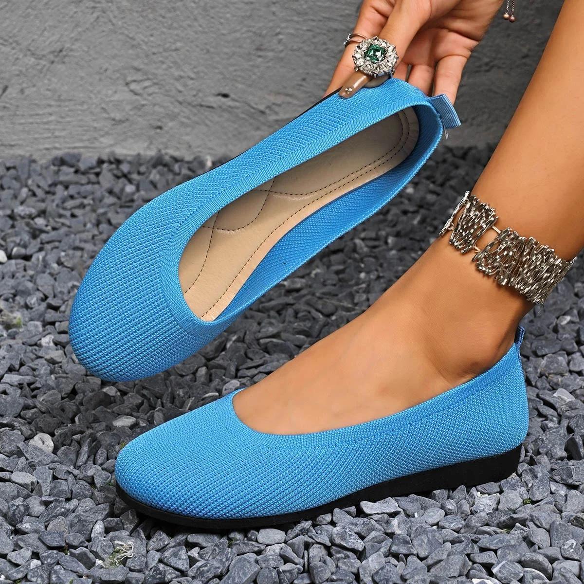 Ethos Shoes Dames Flats Casual Slip-on Lage Schoenen Comfortabele Gebreide Ballerina Schoenen Ronde Neus Kantoor Boot Schoenen Trend Plus Size Loafers 36 hemelsblauwe kleur