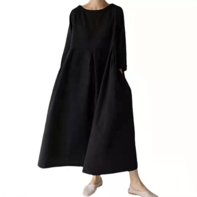 2024 Oversized Plus Size Cotton Linen Dress, Round Neck, Solid Color Swing Skirt - Japanese Korean Style