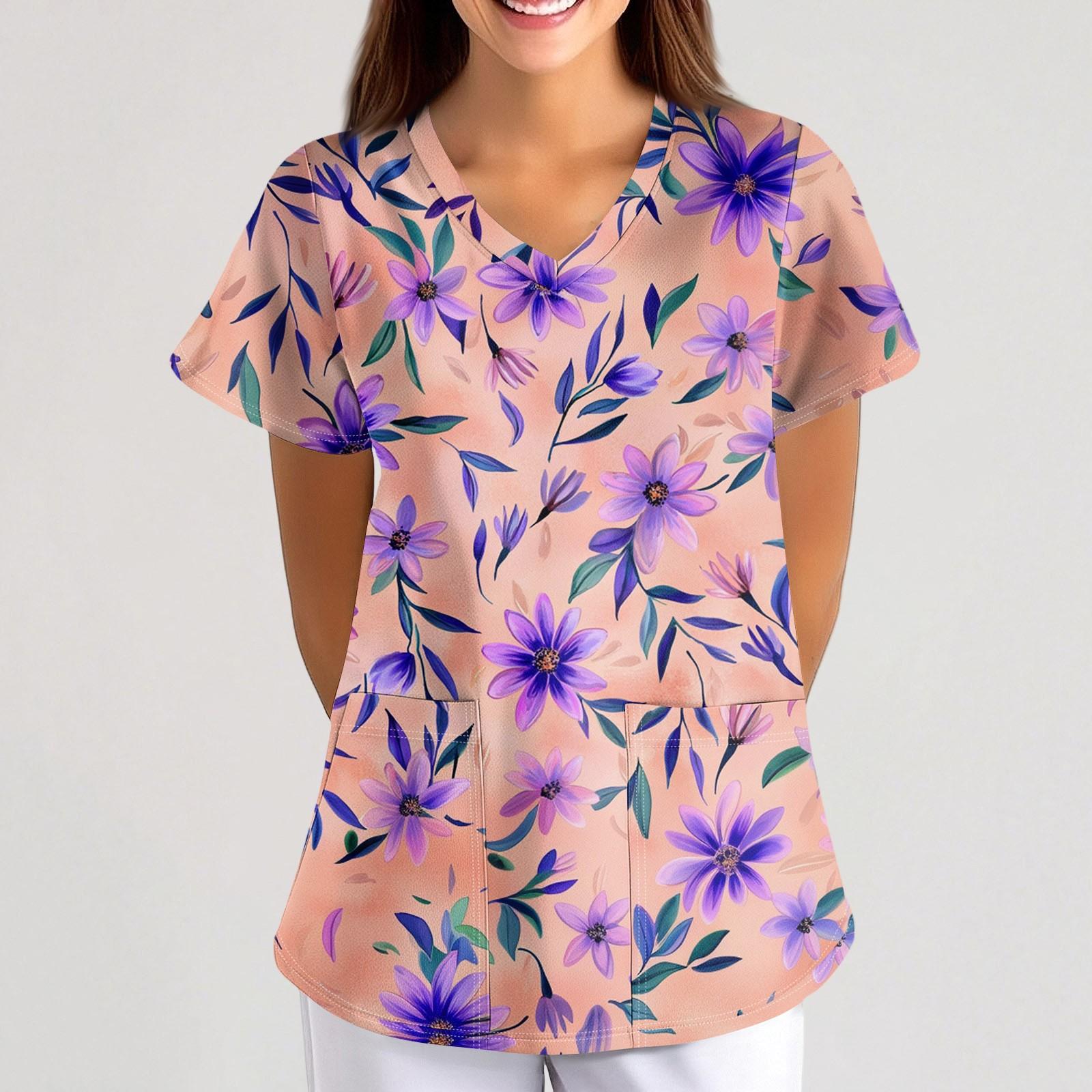 

Женская Свободная Униформа с коротким рукавом и V-образным вырезом и цветочным принтом с мелкими животными XL розовый