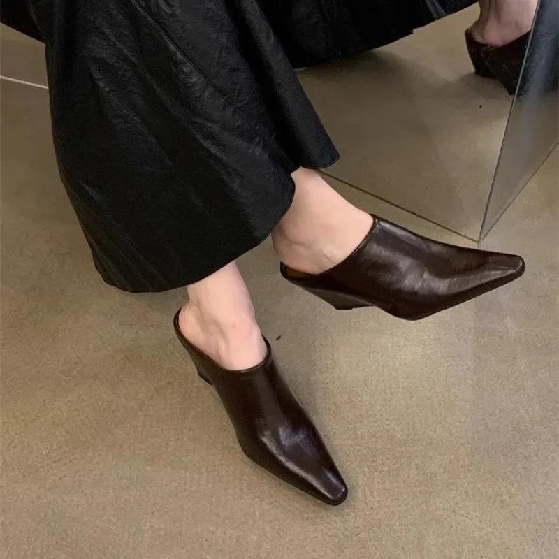 Fashion 2025 European American Baotou Half Women's Soft Leather Slope Heel High Cool Fashion Outwear Thick Lazy Muller Shoes