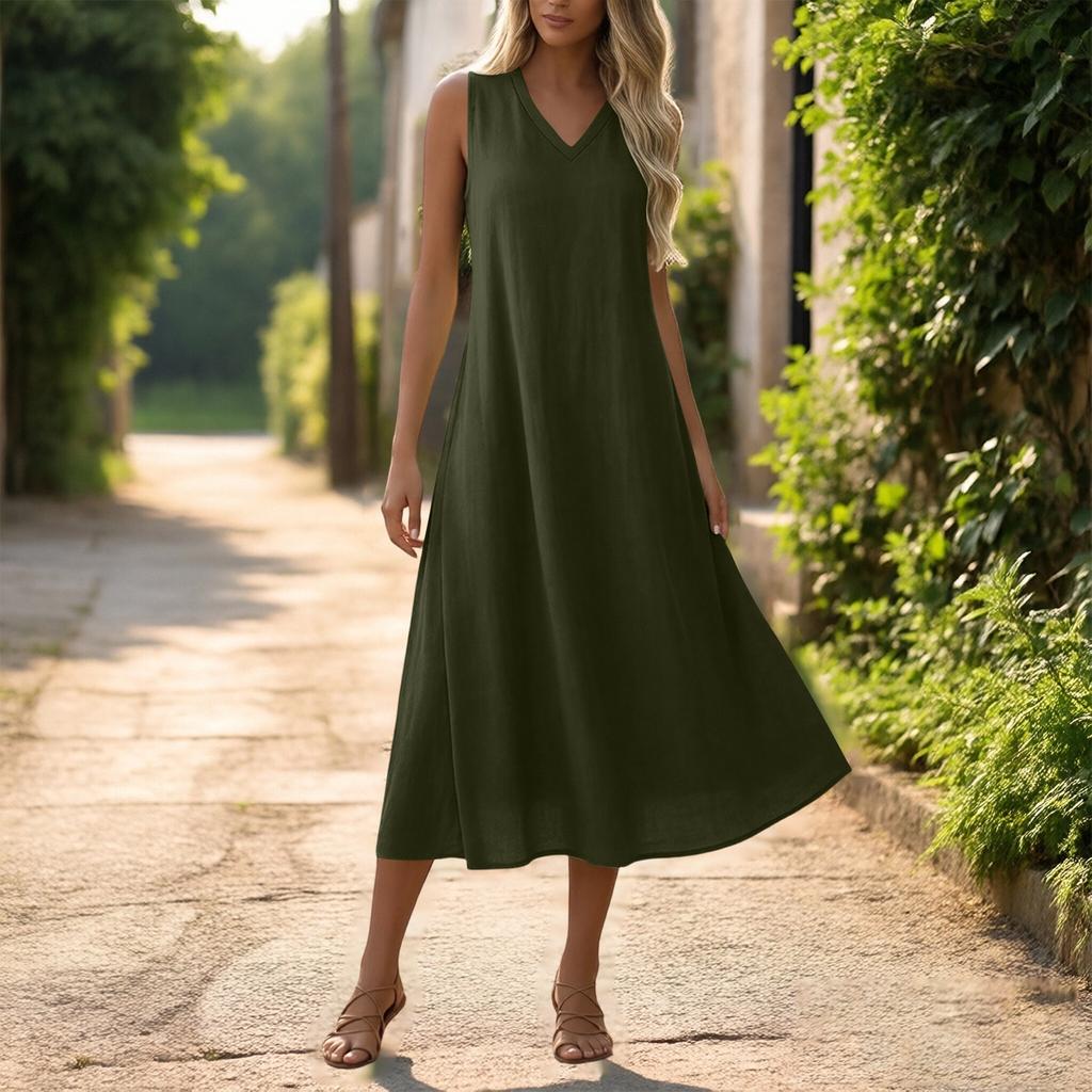 Women Sleeveless Casual V Neck Midi Dress with Zipper and Pockets Relaxed Fit Solid Color Tank Dress
