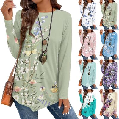 Women's Casual Plus SizeLong Sleeved Round Neck Vintage Ethnic Printing T-shirt Top Pullover