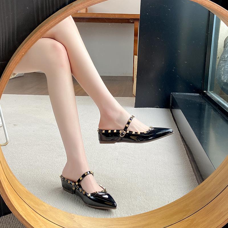Rivet Tip Mary Jane Cool Half Drag Women's Outer Wear 2025 Spring and Summer New European and American One-word Belt Flat Bottom Half Slippers