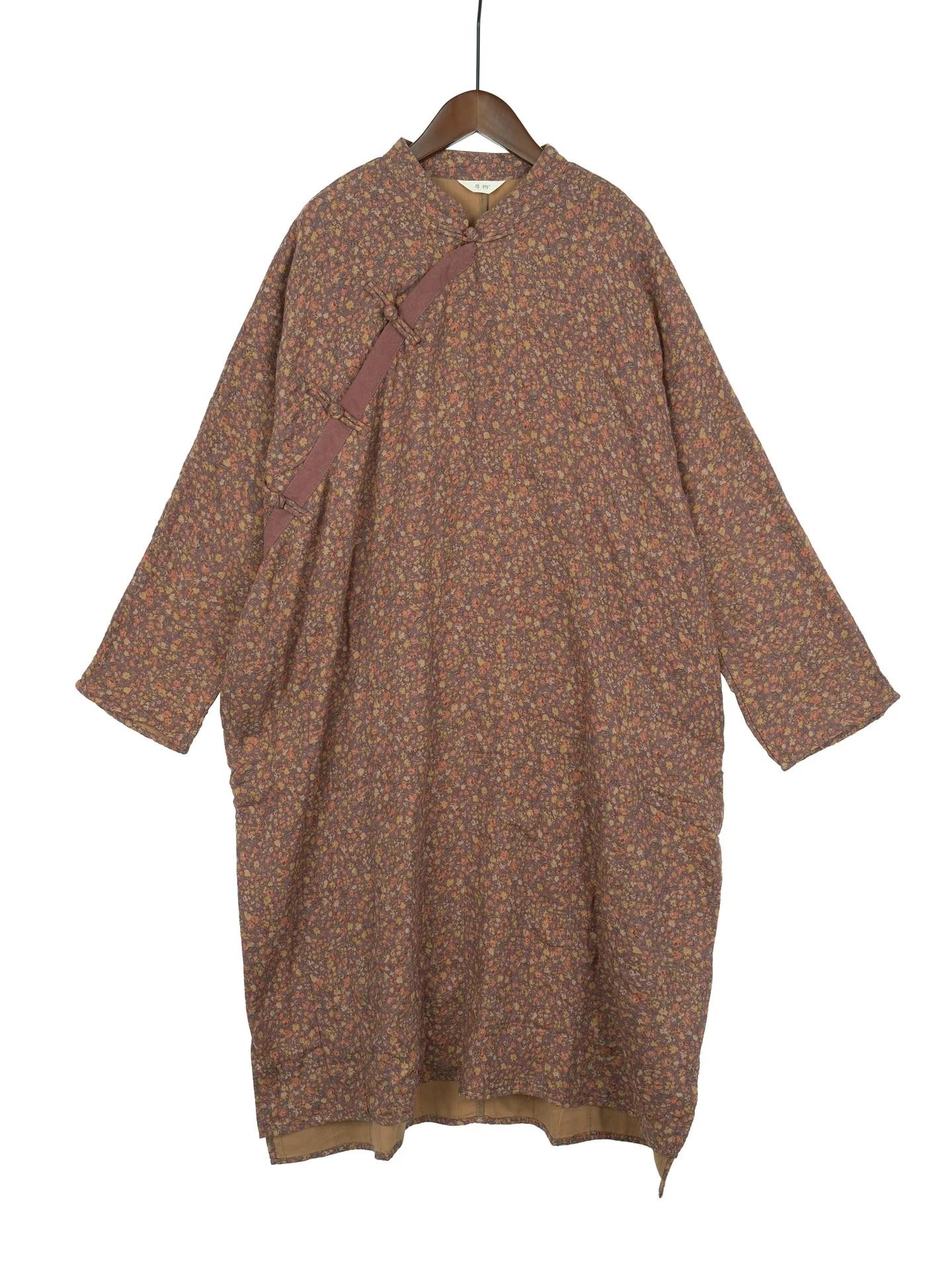 

Johnature женские винтажные платья с цветочным принтом и длинными рукавами, хлопковые весенние халаты в китайском стиле, женское платье на пуговицах One Size кофейный