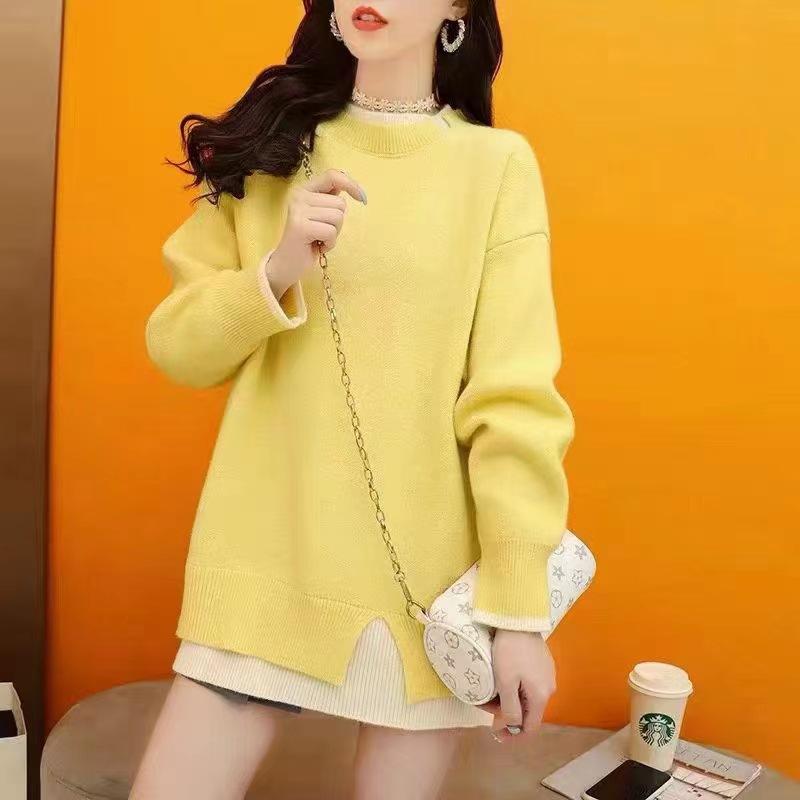 Soft milk blue fake two-piece sweater jacket women's autumn and winter lazy wind medium long thickened loose pullover top