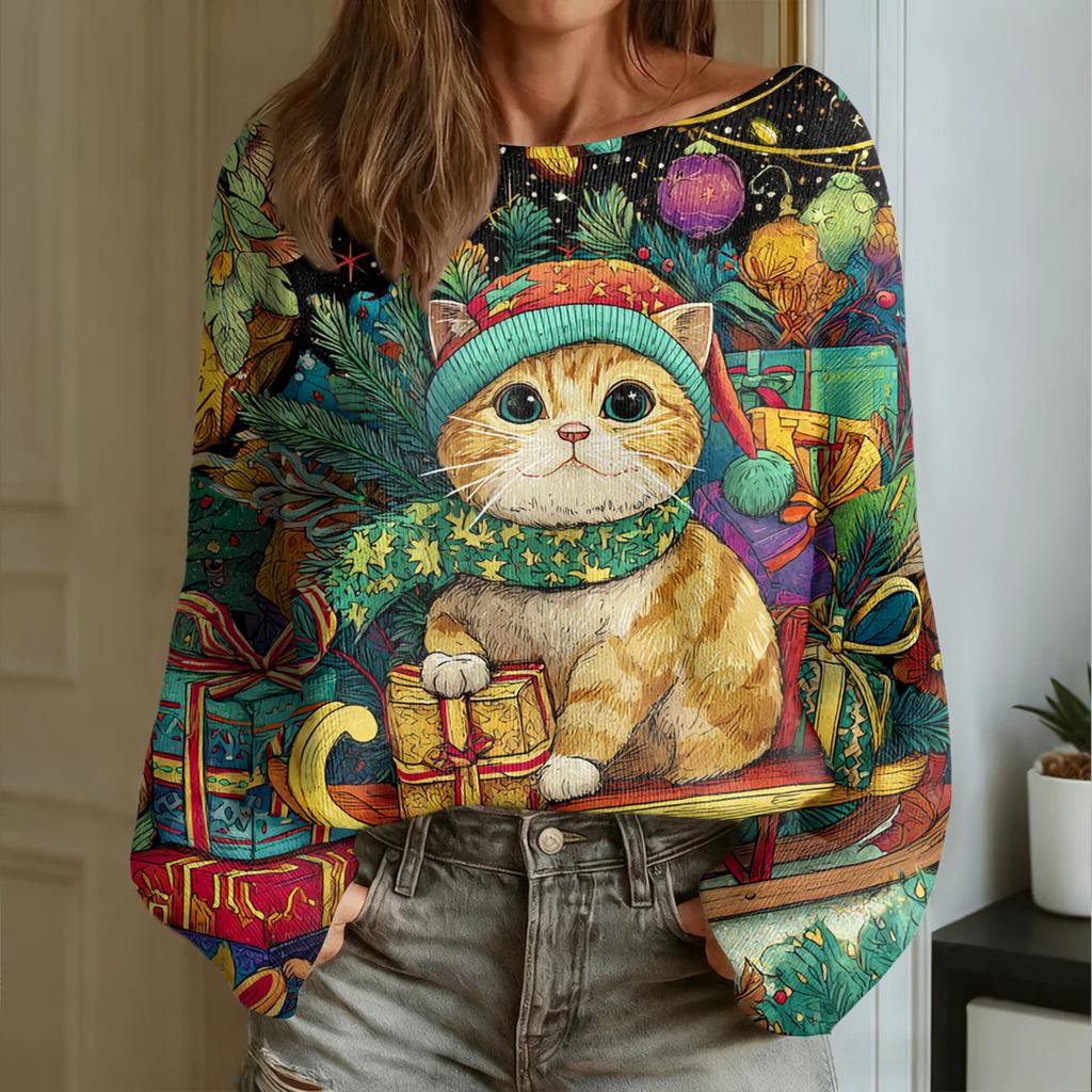 Maglia da donna alla moda a girocollo a maniche lunghe con stampa natalizia casual