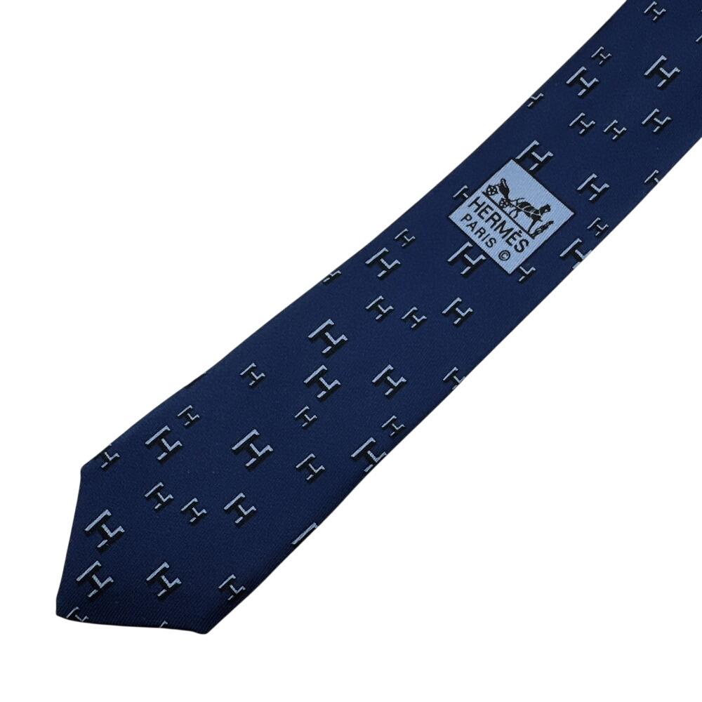 HERMES H pattern silk tie Navy silk Used