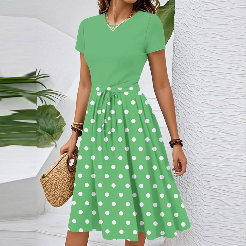 Women's Casual Fashion Belted Dot Printed Short Sleeve Round Neck Elegant Flowing Dress