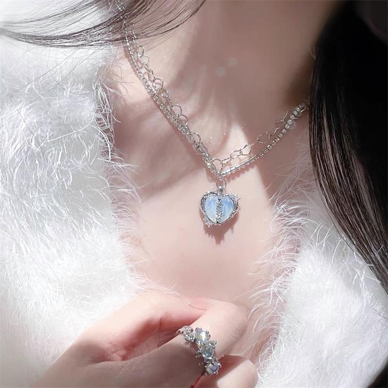 Y2K Accessories Fashion Peach Heart Water Drop Pendant Necklace New Pink Crystal Egirl Sweet Cool Clavicle Chain Aesthetic Jewelry