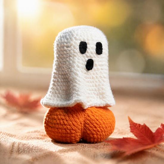 Handcrafted Wool Toy 2 Pcs Crochet Ghost And Pumpkin Set, Handmade Knitted Halloween Creative Photo Props Dolls, Funny Desk Decoration, Quirky