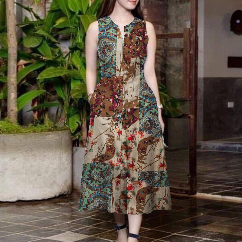 

ZANZEA Женское повседневное хлопковое платье с V-образным вырезом, свободного кроя, без рукавов, с принтом 3XL хаки