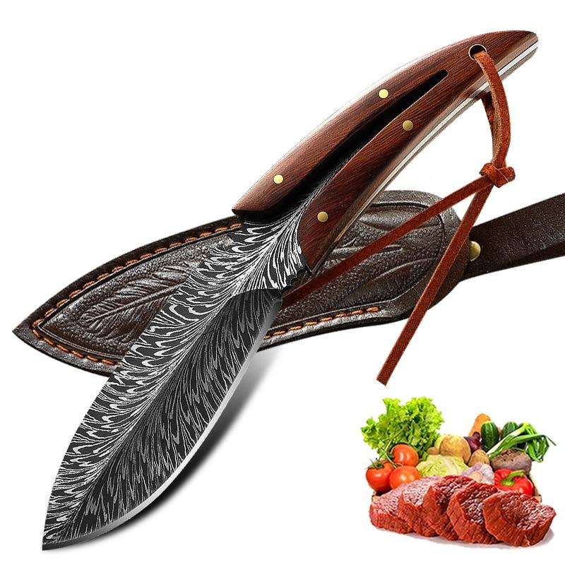 

Многоцелевой кухонный нож Охотничий нож Нож с узором из перьев с ножнами Ножи для фруктов из нержавеющей стали