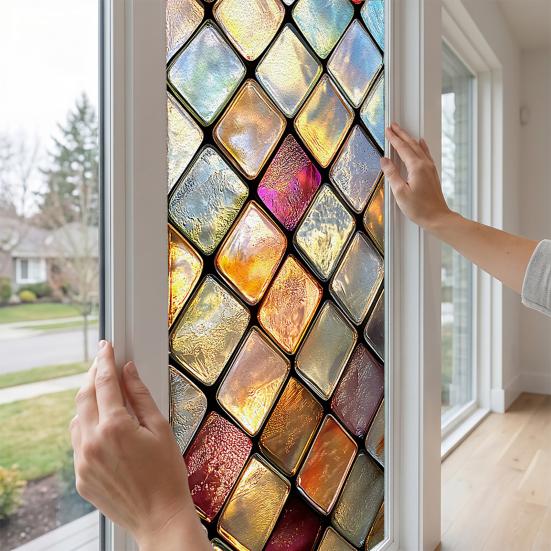 Statische Glasfolie, Fensterfolie mit farbiger Glasstruktur, UV-lichtblockierende, wasserdichte, staubdichte Sichtschutzfolie für die Heimdekoration