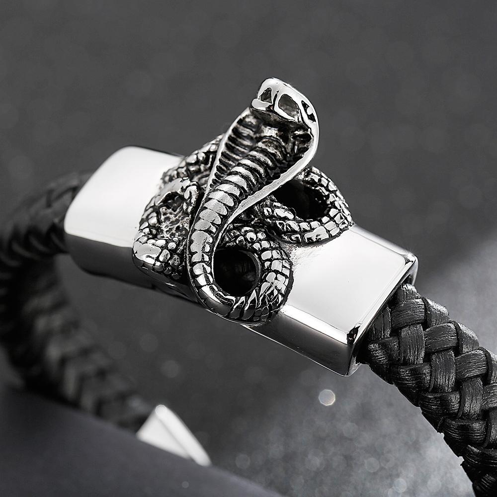 Punk Gothic Men's Snake Head Body Bracelet Man Distressed 316L Stainless Steel & Leather Wrap Bracelet for Men Animal Jewelry