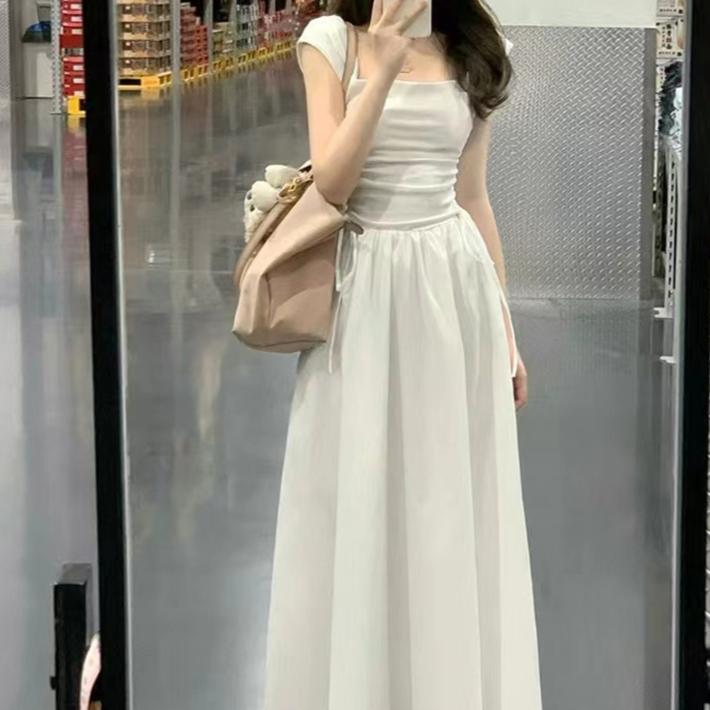 

YYFS женские модные летние весенние однотонные повседневные платья с коротким рукавом и квадратным воротником с высокой талией S белый